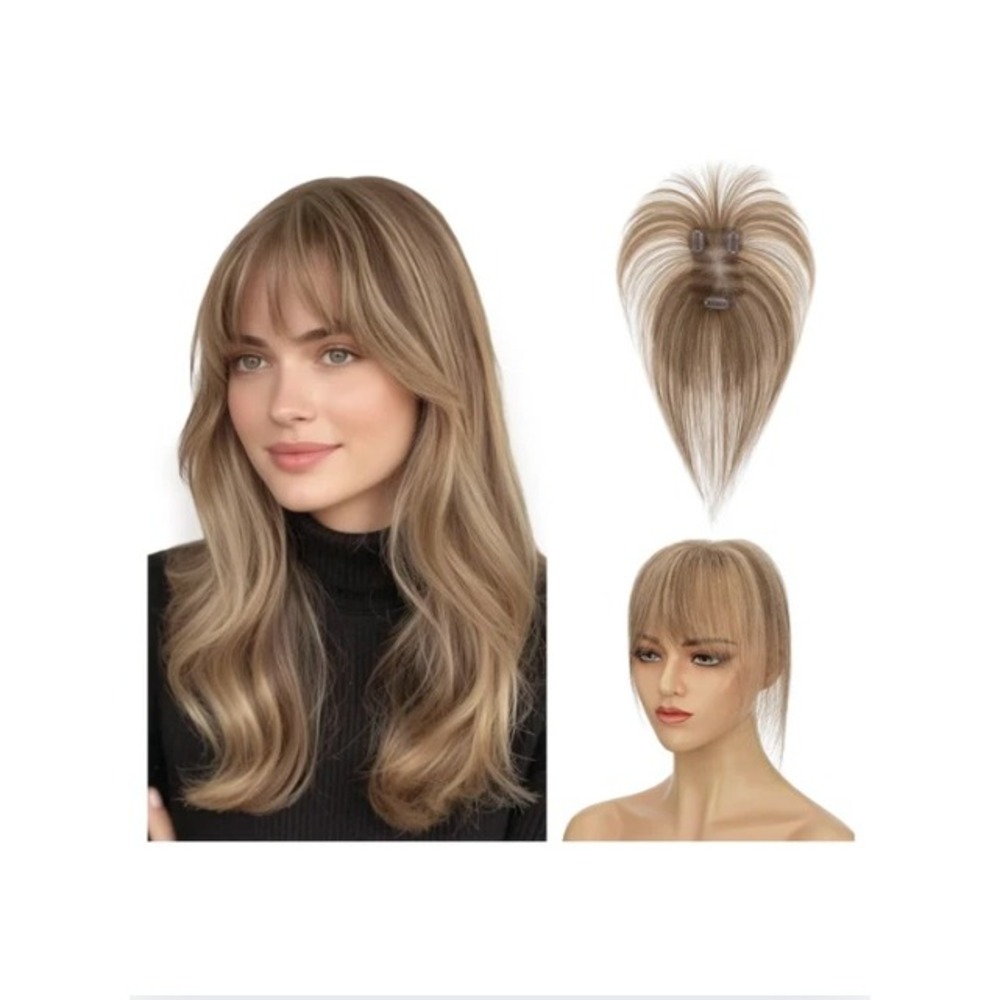 TESS 11in Real Human Hair Topper 3D Bangs Medium Brown Mix Dark Blonde #4P27